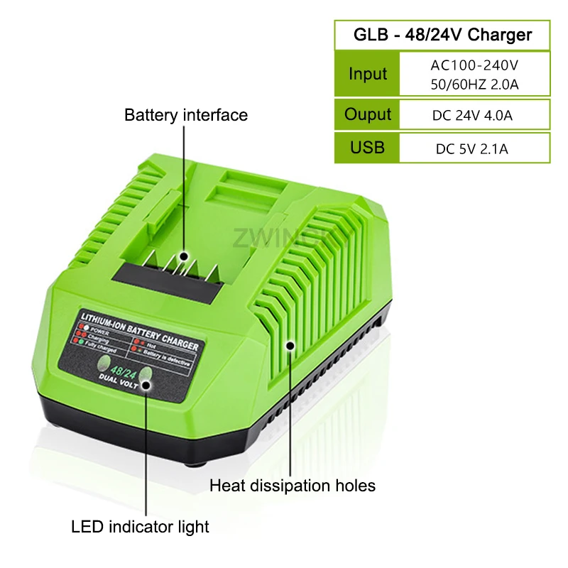 Replacement Battery Charger for Greenworks 48/24V Li-ion Battery Electric Tool Wrench Drill Saw Battery Charger With USB Ports