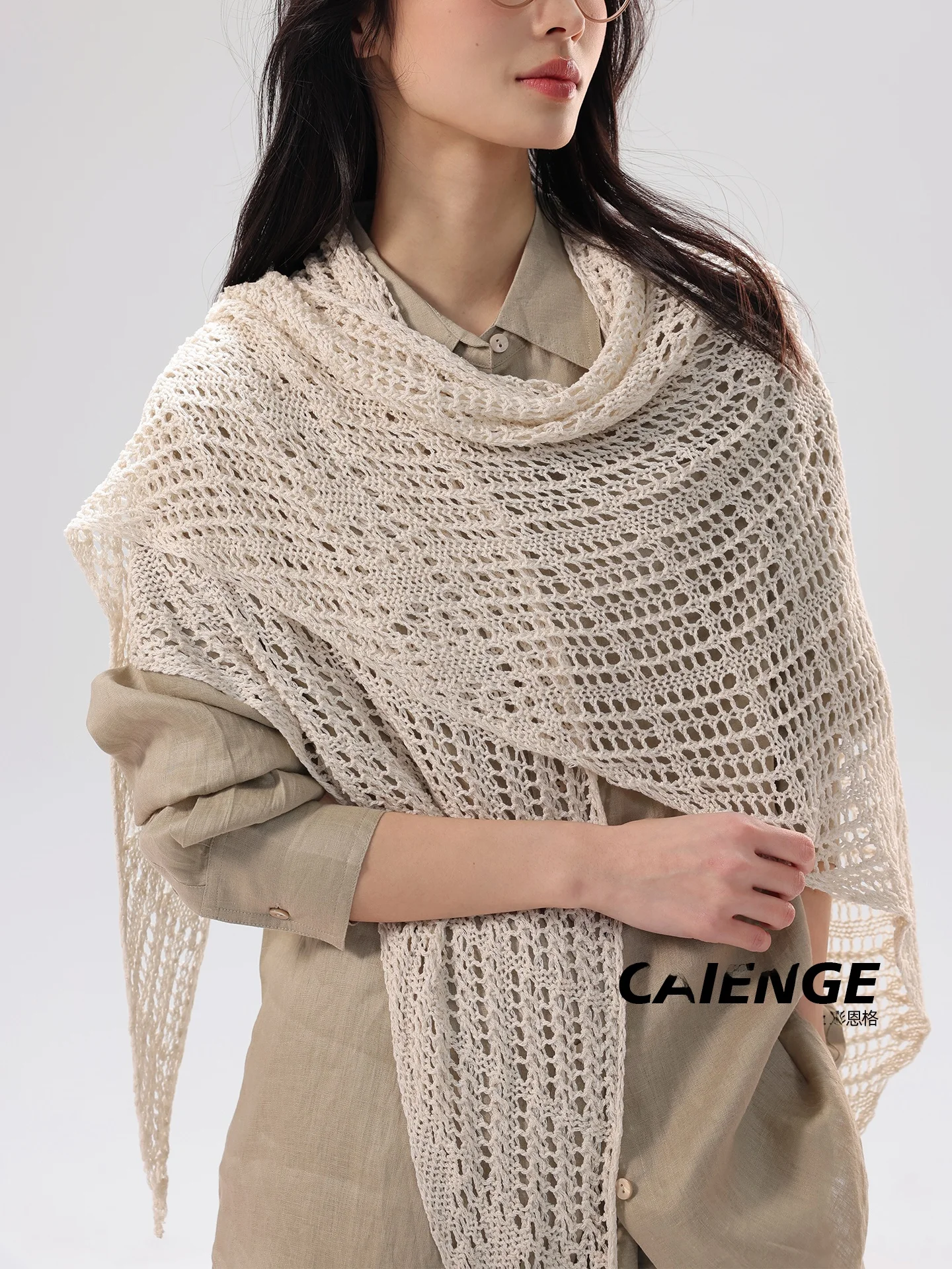 リネンニット中空三角スカーフ女性春秋首保護エアコン付きの部屋屋外レイヤリング多用途大型ショルダーパッド