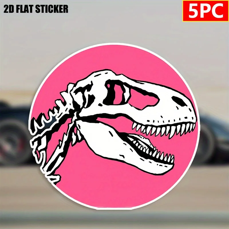 2D Flat Stickers - Durable Waterproof Vinyl - Single Adhesive - Pack of Five Pink Dinosaur Skull Teeth Stickers for Car Body