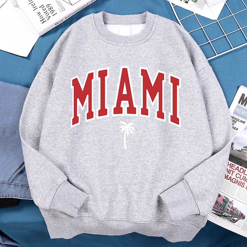 Miami, Usa Coconut Trees, Sunny Beach Male Sweatshirts Hip Hop Fleece Hoody Creativity Loose Hoody Street O-Neck Women Hoodie