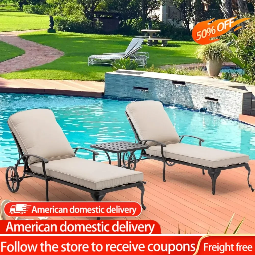 Chaise  Lounge Chair Outdoor  Set of 2 with Cushion and 1 Outdoor Side Table and Adjustable Reclining (Beige Cushion)