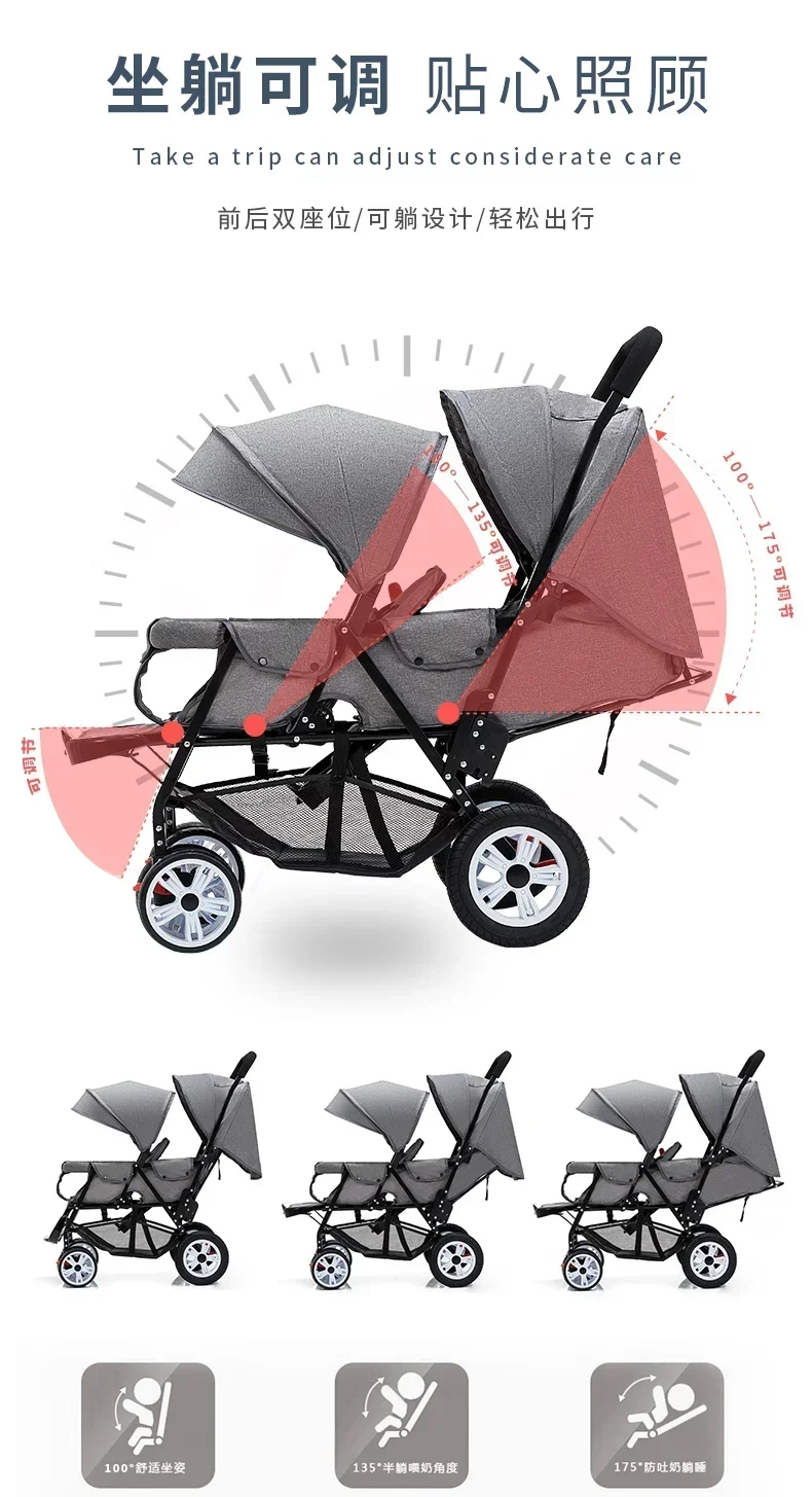 Double Strollers For Baby Twins Lie Foldable Child Cart With Front And Back Seat Carriage Bassinet Cart Portable Travel System