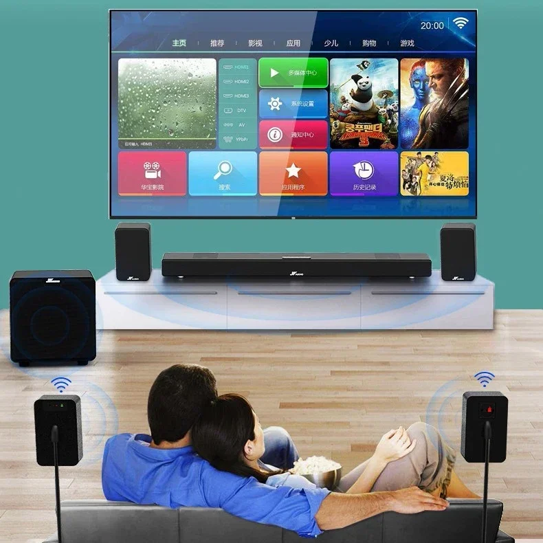 Sistem suara Surround teater rumah nirkabel 7.1 HD, untuk TV dengan Subwoofer kabel suara besar dan 2 pasang speaker Surround