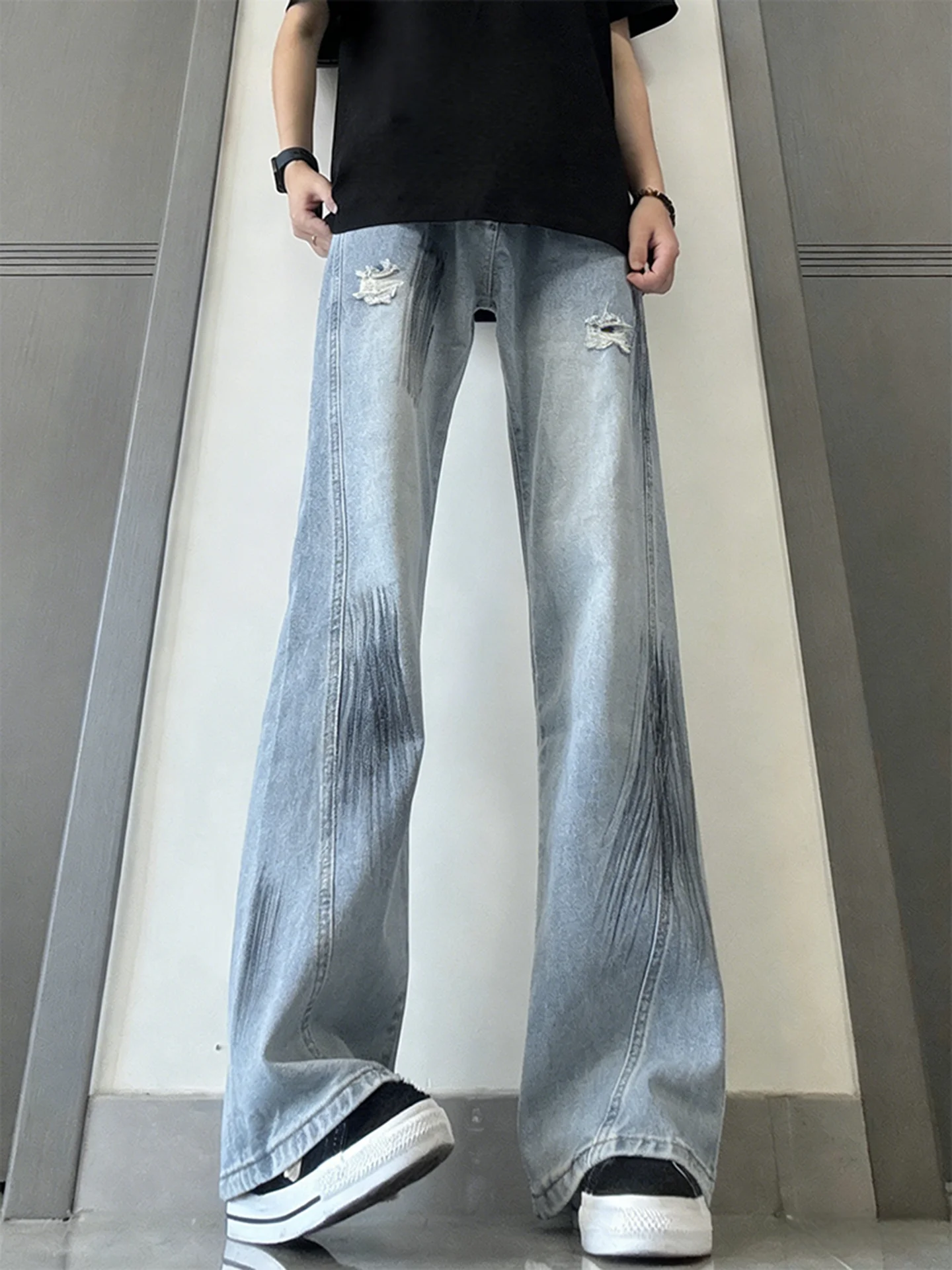 

Cleanfit Men's High Street American Style Spray Ink Jeans Tear Design Slim Straight Micro Flared Pants Casual Cotton Denim