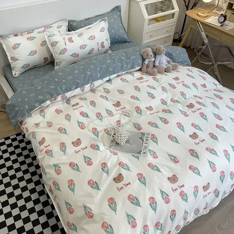 Fashion Bedding Set Sweetheart Double Bed Linens Nordic Duvet Cover Pillowcase King Single Size Flat Sheet for Boys Girls