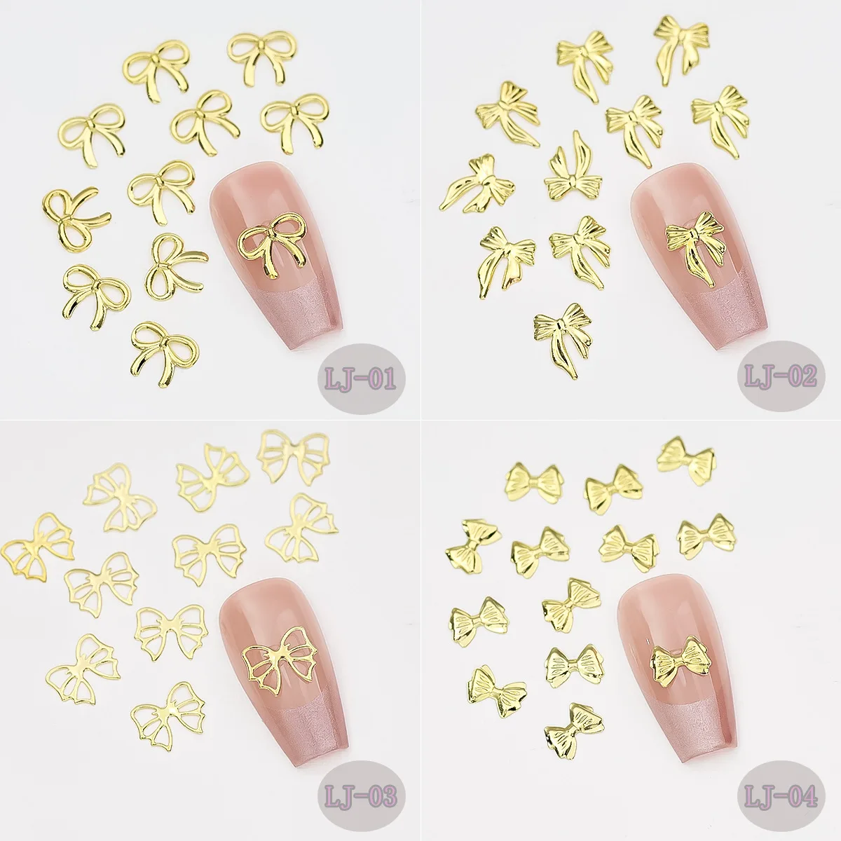 100PCS Fairy Gold Silver Solid Hollow Bow Ribbon Alloy Nail Art Rhinestones Decorations Manicure Ornaments Material Accessories