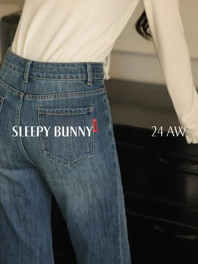 Spring High Waist Washed Denim Flared Pants for Women Loose Fit Wide Leg Jeans with Raw Hem Casual Stylish Bell Bottom Trousers