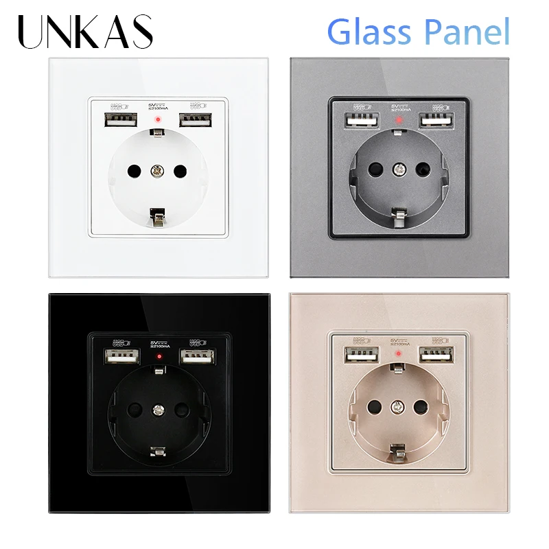 UNKAS Dual USB EU / Spain / Russia Grey Wall Power Socket Holder Tempered Glass Panel Fast Charger With Phone Outlet