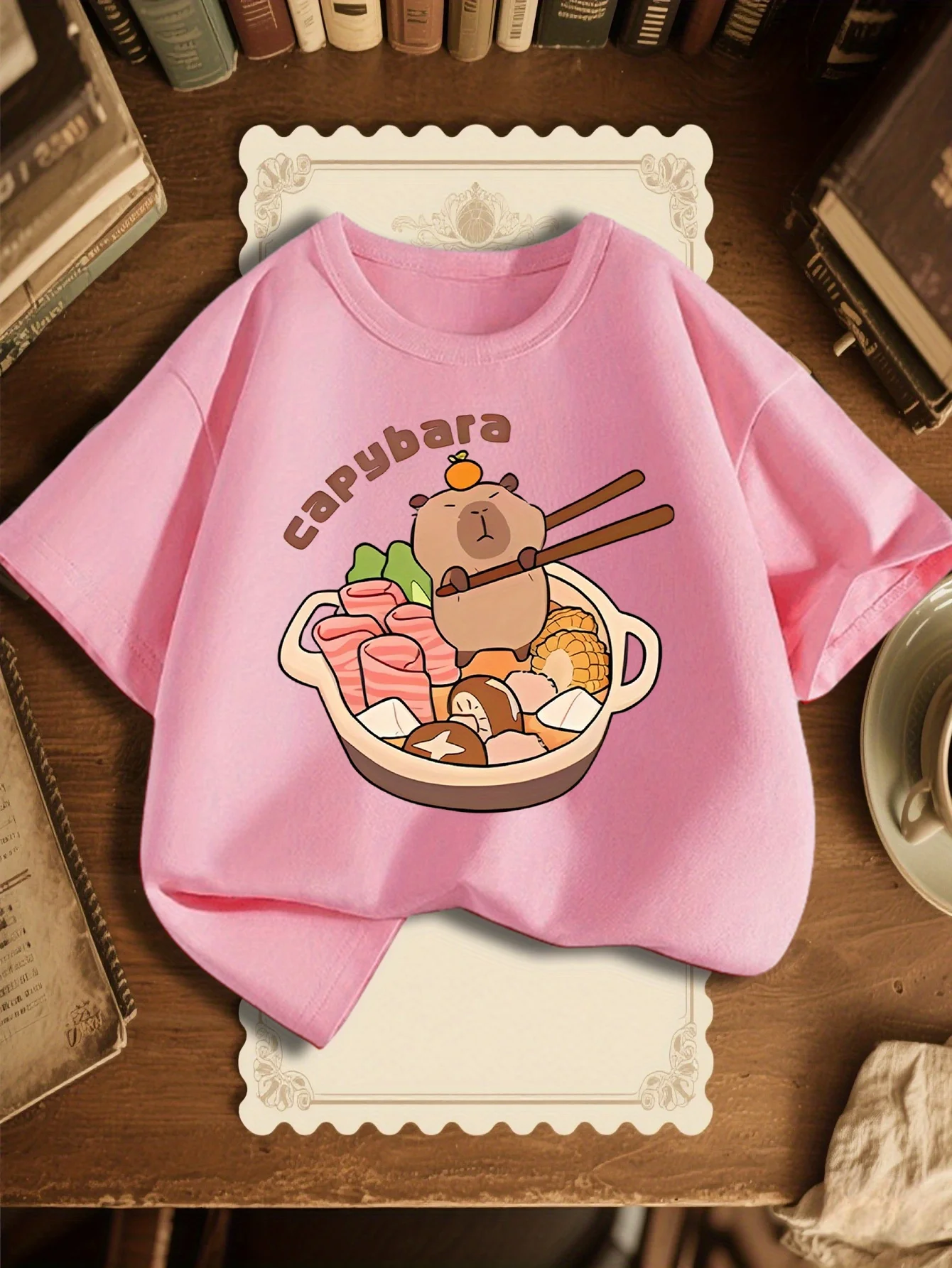 Cute Capybara In Hot Pot Cartoon Print Graphic Kids Tee Boys Girls Family Matching Cotton Crew Neck Short Sleeve Soft Summer Tee