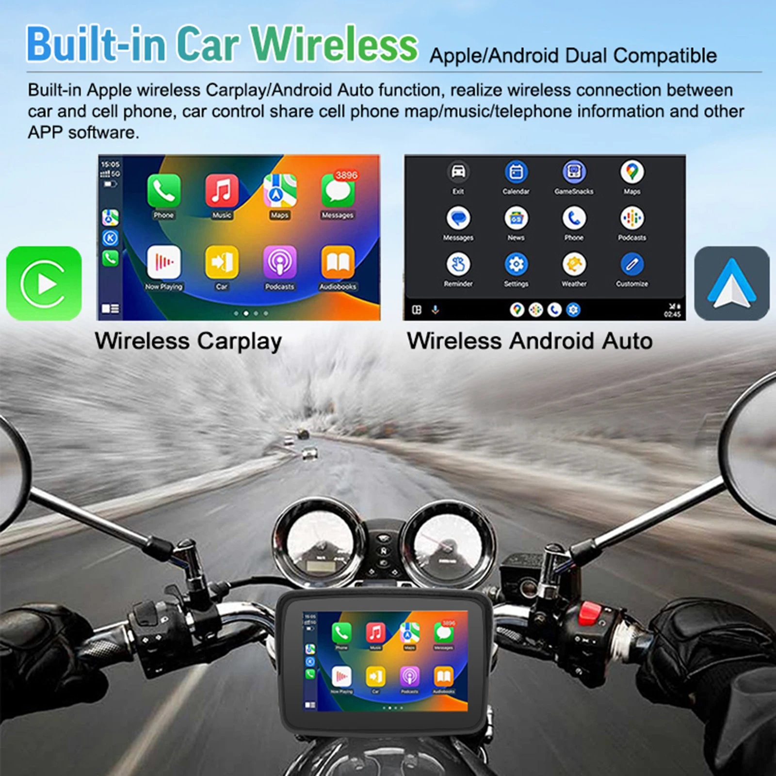 Schermo di navigazione portatile esterno Carplay per moto da 5 pollici IP67 Supporto impermeabile CarPlay wireless Android Auto