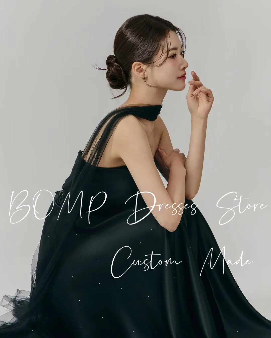 BOMP elegante zwarte kralen bruiloft feestjurk strapless vloerlengte taffeat Korea fotoshoot bruidsreceptiejurk op maat