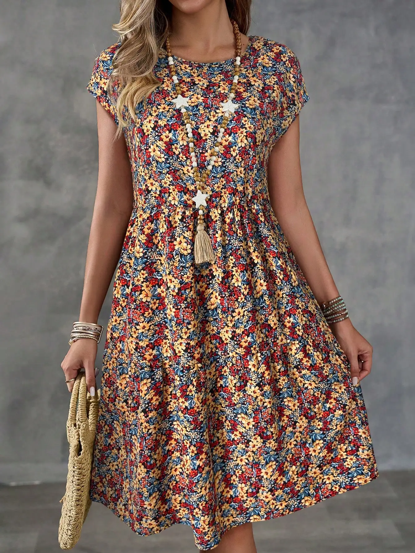 Women's Casual Floral Print A-Line Dress with Batwing Sleeves