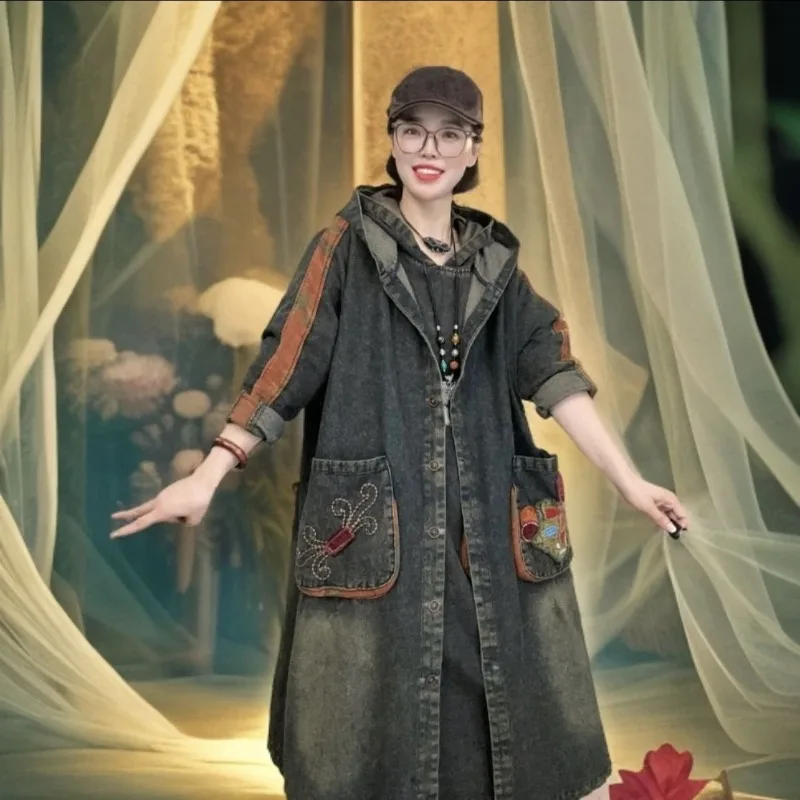 100 كجم يمكن ارتداؤها في الخريف جديد مقلي اللون الرجعية الدنيم معطف طويل خندق المألوف فضفاض كبير الحجم الملابس النسائية