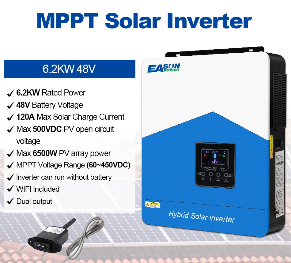 Easun Power 6200VA 6200W Solar Inverter 48V Built MPPT 120A Solar Controller 230VAC Out-put Voltage Max PV 500VDC Support WIFI