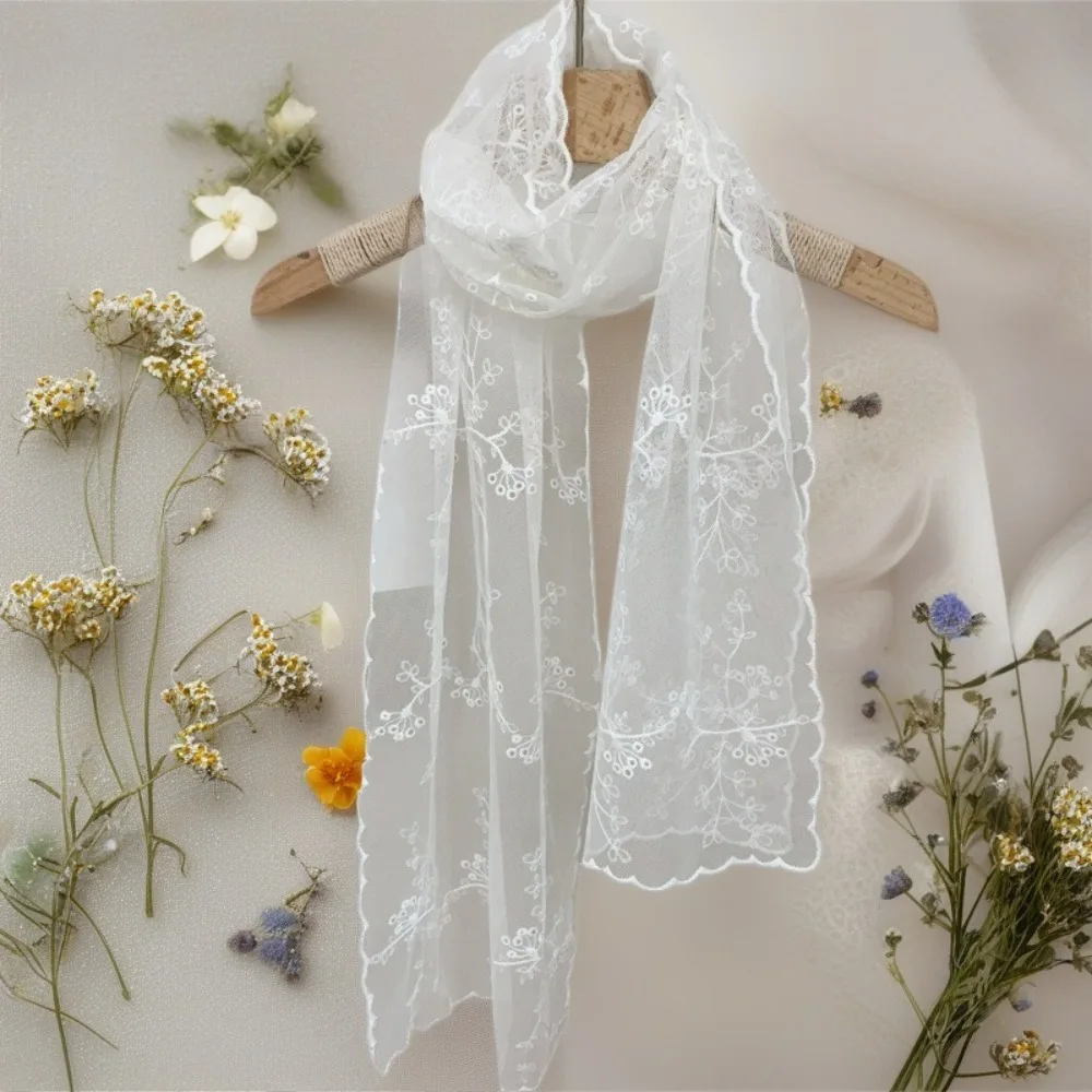 Casual Retro Women's Lace Scarf Long Korean Version Sunscreen Shawl Embroidered Flower Female Headscarf