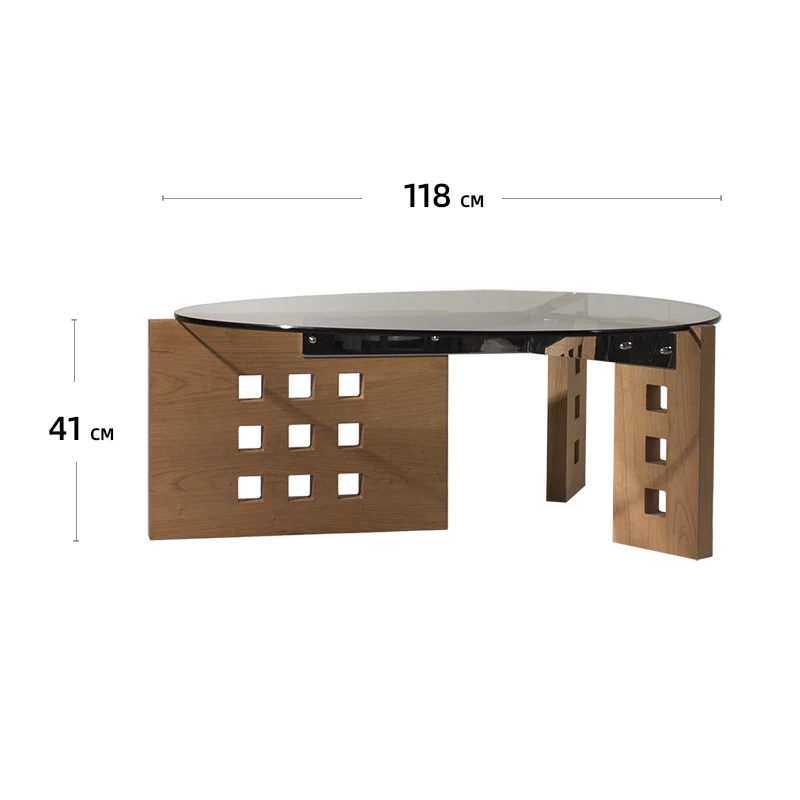 

Coffee table, special-shaped glass, solid wood, stainless steel, Nordic retro black wabi-sabi