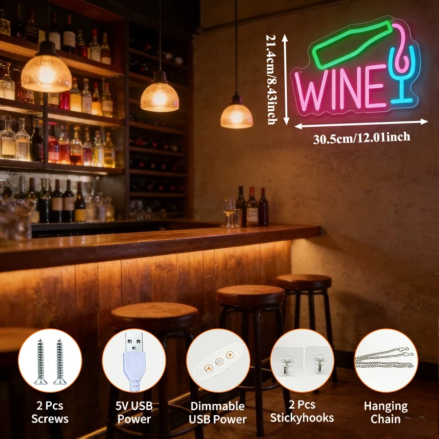 Wine Neon Sign LED Light for USB Rechargeable Wall Art Sign Dining Room Decoration Party Lighting Craft Wine Bottle Glass Sign