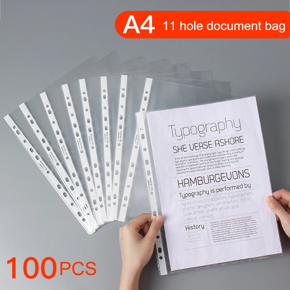 

100Pcs A4 Plastic Punched Pockets Folders Filing 11 Holes Loose Leaf Documents Sheet Protectors Transparent Folder Bag