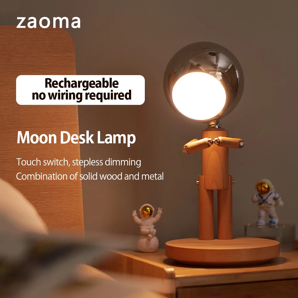 Wooden Robot Lamp Moon Penalty Station Table Lamp Creative Robot Shape Wooden Table Lamp Touch Control USB For Bedroom Desktop