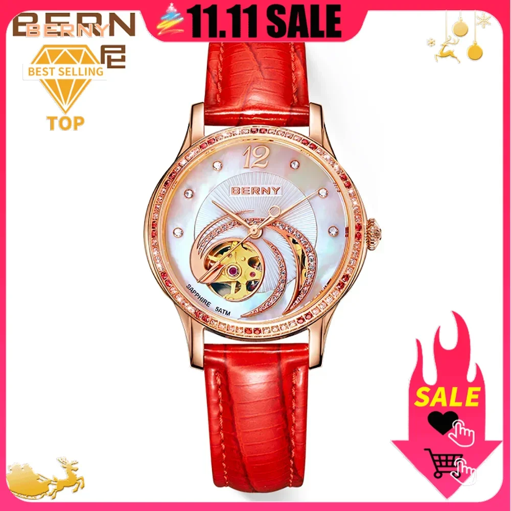 BERNY Automatic Watch Women Skeleton Miyota Luxury Gold Watch Sapphire Leather Strap Waterproof Self-winding Mechanical Watch