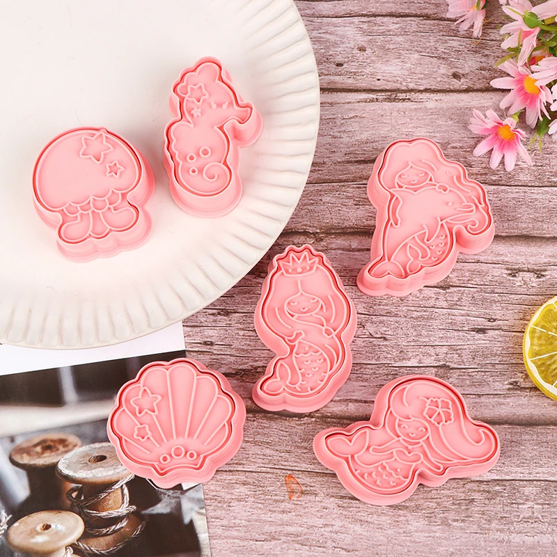 6Pcs/Set Mermaid Shell Seahorse Cookie Mould DIY Plastic Fondant Cake Mold Cartoon Biscuit Cookie Cutters Decorating Tools