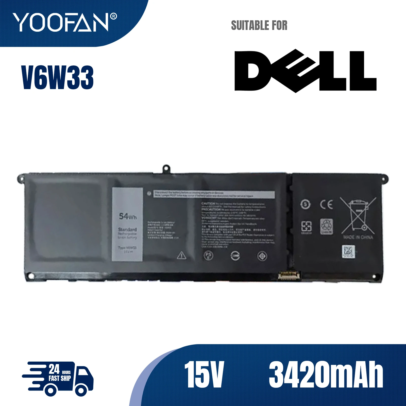 

YOOFAN 15V 3420mAh 54Wh Battery V6W33 WV3K8 For Dell Inspiron 15 5510 5515 5418 5410 Latitude 3320 Vostro 3510 3515 3511 5310