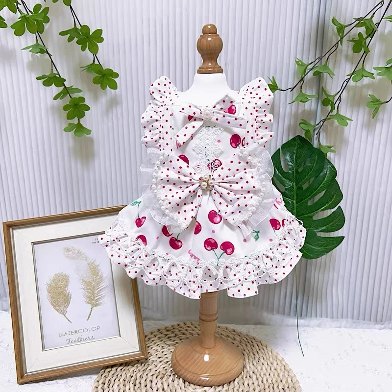 

Autumn Winter Puppy Home Wear Skirt Clothing Simple Cute Red Cherry Print Princess Dress For Small Medium Dog Cotton Pet Clothes