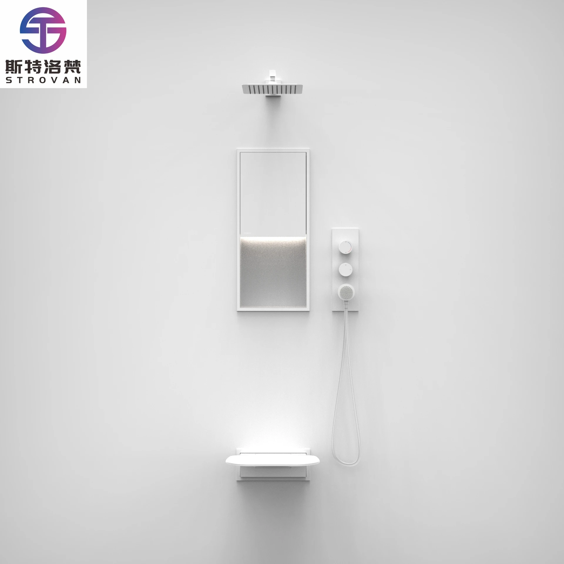 

Concealed Shower Faucet Set with Storage Shelf & Folding Chair All-in-One Shower Wall Design for Modern Bathroom