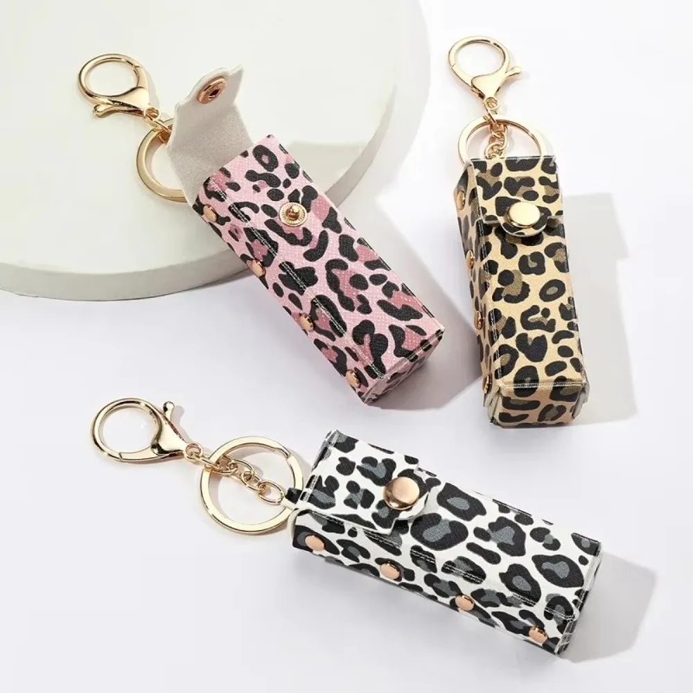 Fashion Leopard Print Leather Keychain Portable Lipstick Bag Keyring Pendant Key Ring Chain Bag Charm