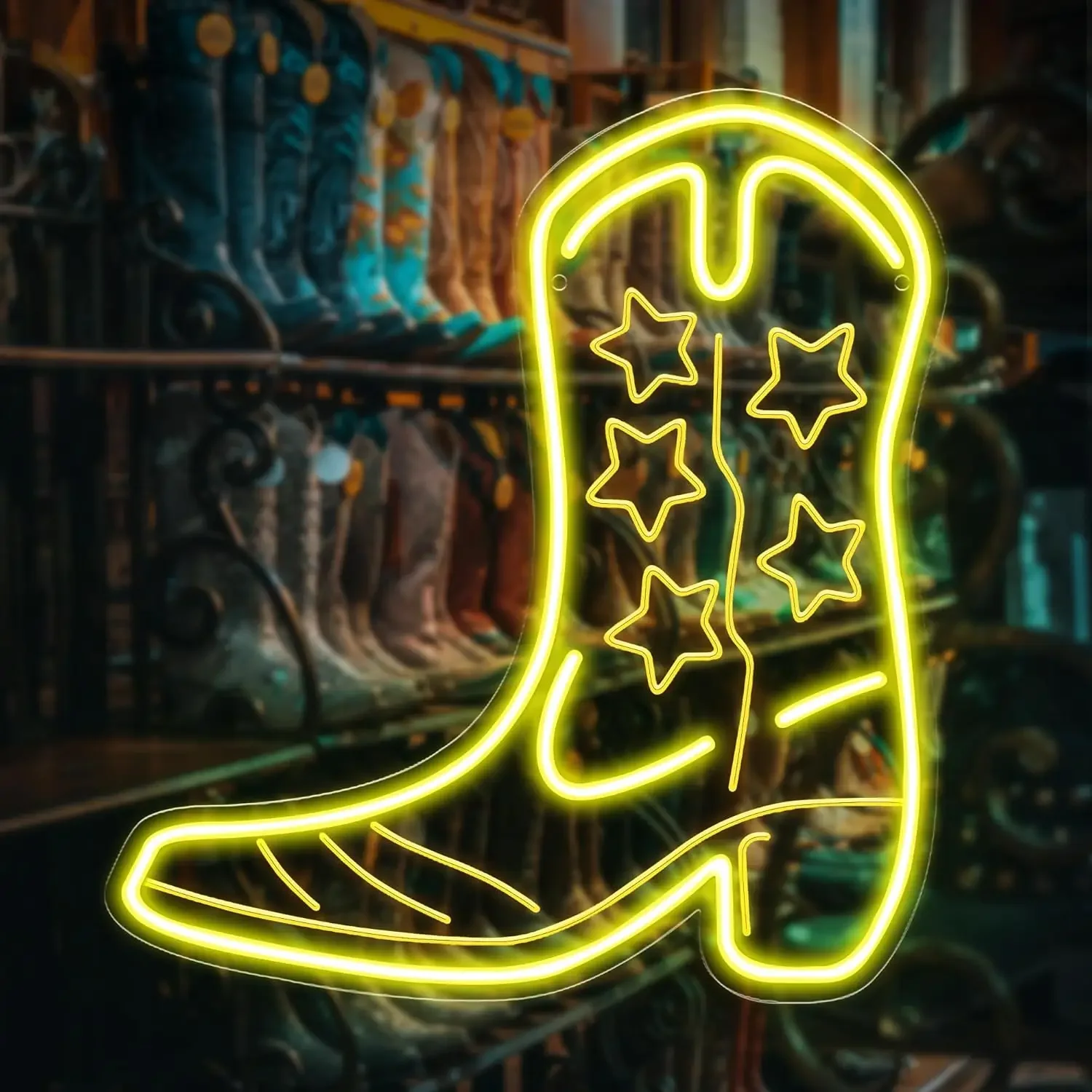 Cowboy Boot Neon Sign Yellow LED Wall Art Western Star Glow USB Powered Dimmable Acrylic Lamp Bar Party Room Decor