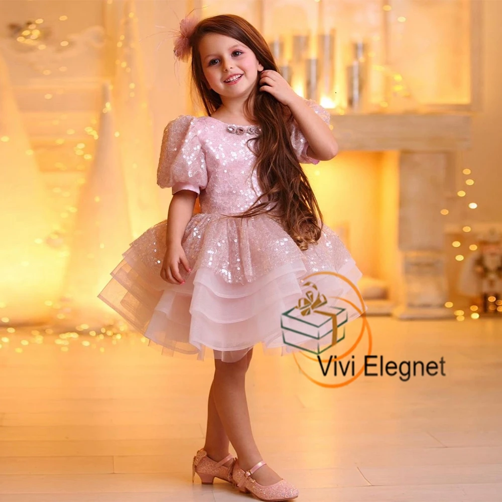 

Cute Pink Flower Girl Dresses with Sequined Tiered Short Sleeve Wedding Party Gowns 2023 Summer New فساتين بنات صغار