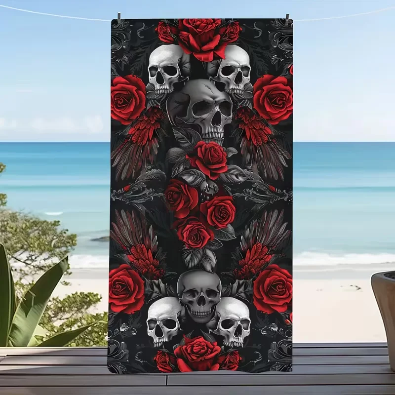 Gothic Skull Red Rose Beach Towel Dark Aesthetic Quick Dry Sand-Free Beach Blanket Skull Design Soft Lightweight Summer Towel