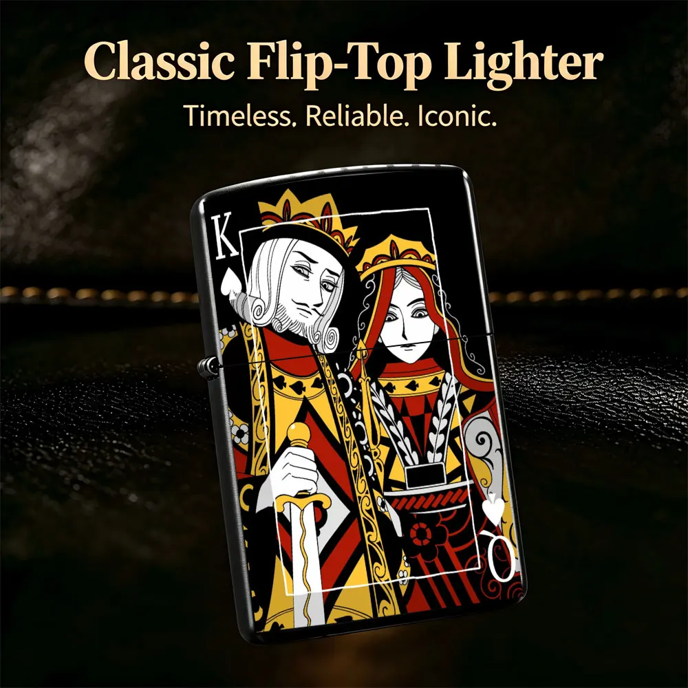 Pocket Lighter, Flip-Top Windproof Design, Playing Card Queen & King Print, Metal Case, Comfortable Grip, Adjustable Flame, Ideal for Daily Use & Gift Giving