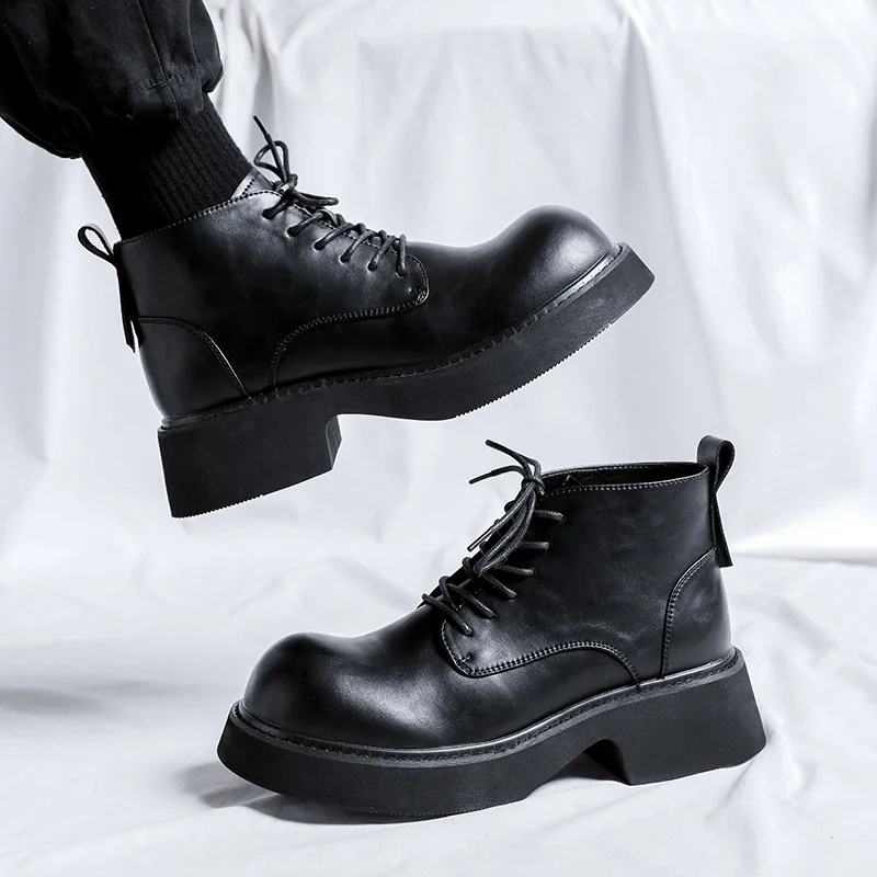 New British Men Fashion Black Men Boots Dress Leather Shoes Platform Boots Outdoor Height Increasing Shoes Motorcycle Boots