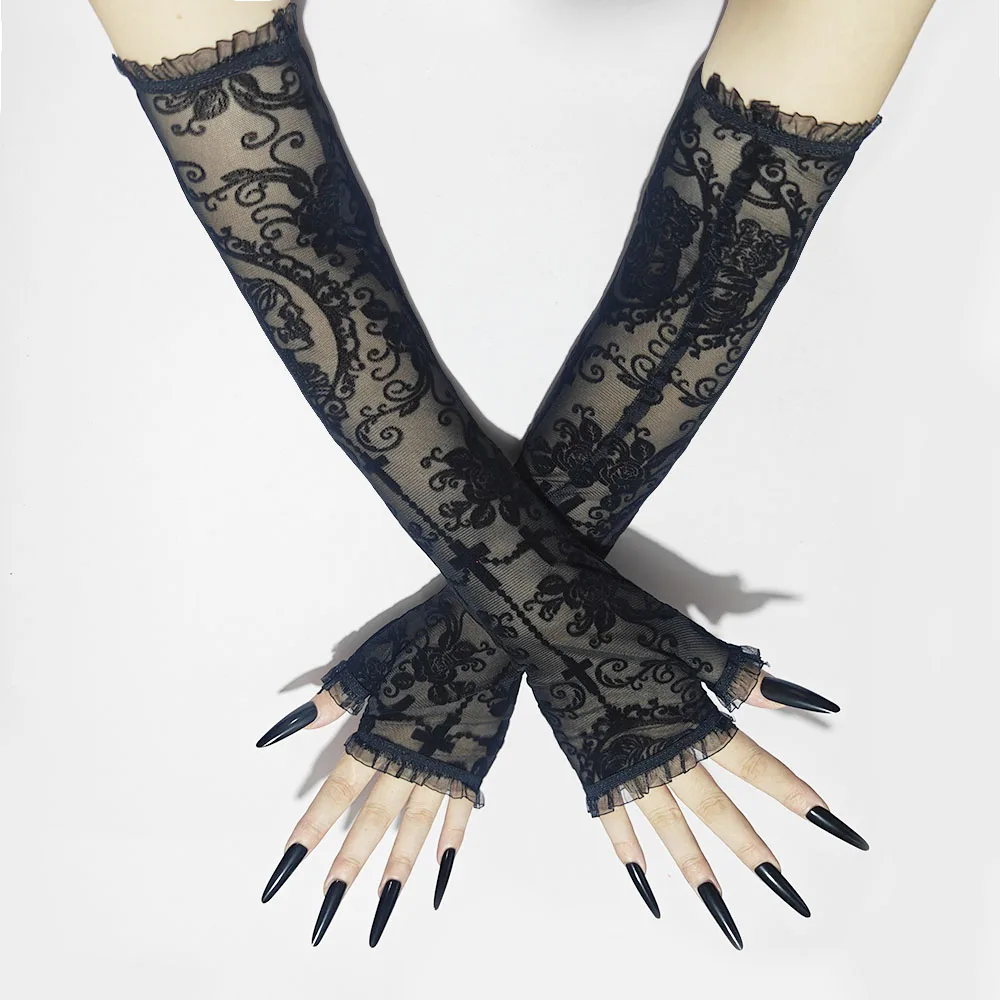 Skeleton Cross Flowers Lace Mesh Sexy Black Long Half Finger Gloves Arm Sleeve Women Halloween Cosplay Transparent Fingerless