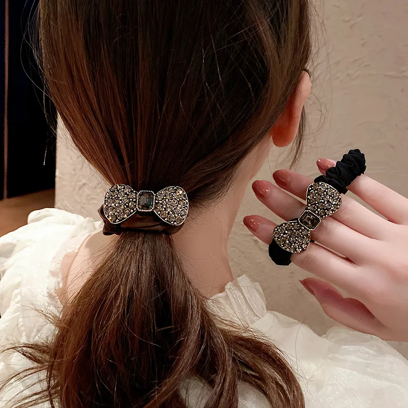 New Fashion Autumn Winte Bow All-match Rhinestone Hair Ring Elastic Hair Bands for Women Girl Hair Accessorie Headwear