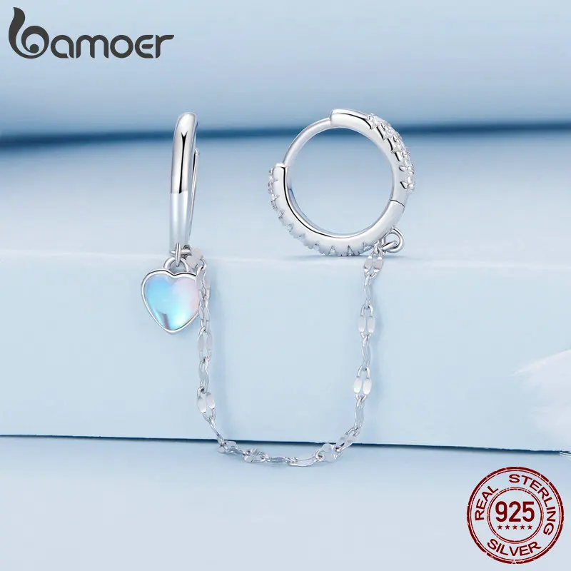 Bamoer 925 Sterling Silver One Piece Heart Moonstone Double Circles Ear Buckle Long Tassel Hoop Earrings for Women Birthday Gift