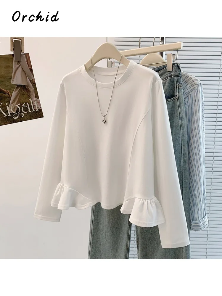 

Casual All-match Solid Color Long Sleeve Round Neck T-Shirts 2025 Winter Women's Fashion Basics Style Pure White Tees Tops