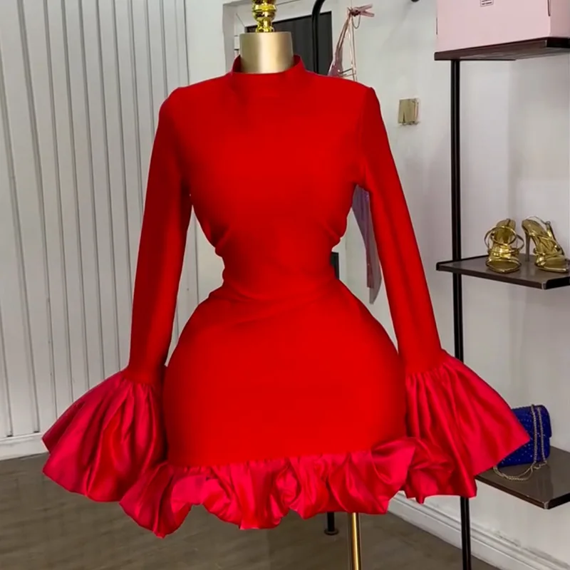 

New temperament elegant semi-turtleneck horn sleeve high waist ruffle edge hip wrap dress fashionable simple versatile temperame