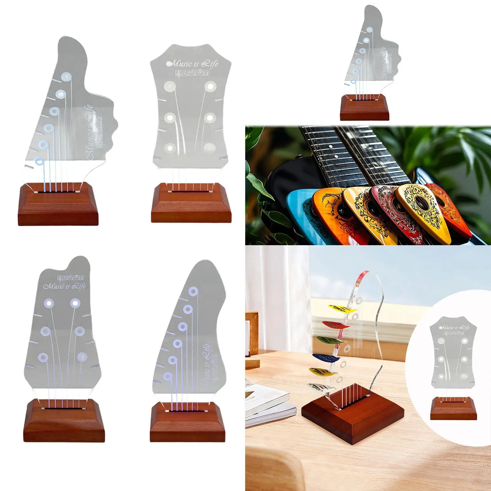 

Light up Guitar Pick Holder with Atmosphere Light for Picks Storage and Display with Wooden Base Acrylic Guitar Pick Display