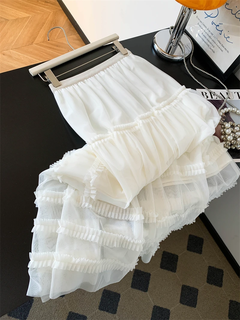 

High Waist A-Line Cake Skirt Lace Trim Midi Length Women's Faion Commute Korean Sle Loose Fit ort Sve round Ne