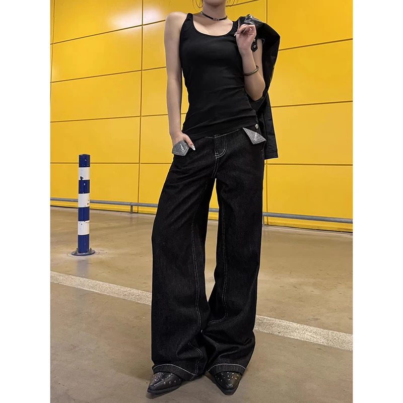 ZHIZOU Women's Baggy Black Jeans Denim Pants American Retro Y2K 2000s Harajuku Cowboy High Street Grunge Streetwear Korean Jeans
