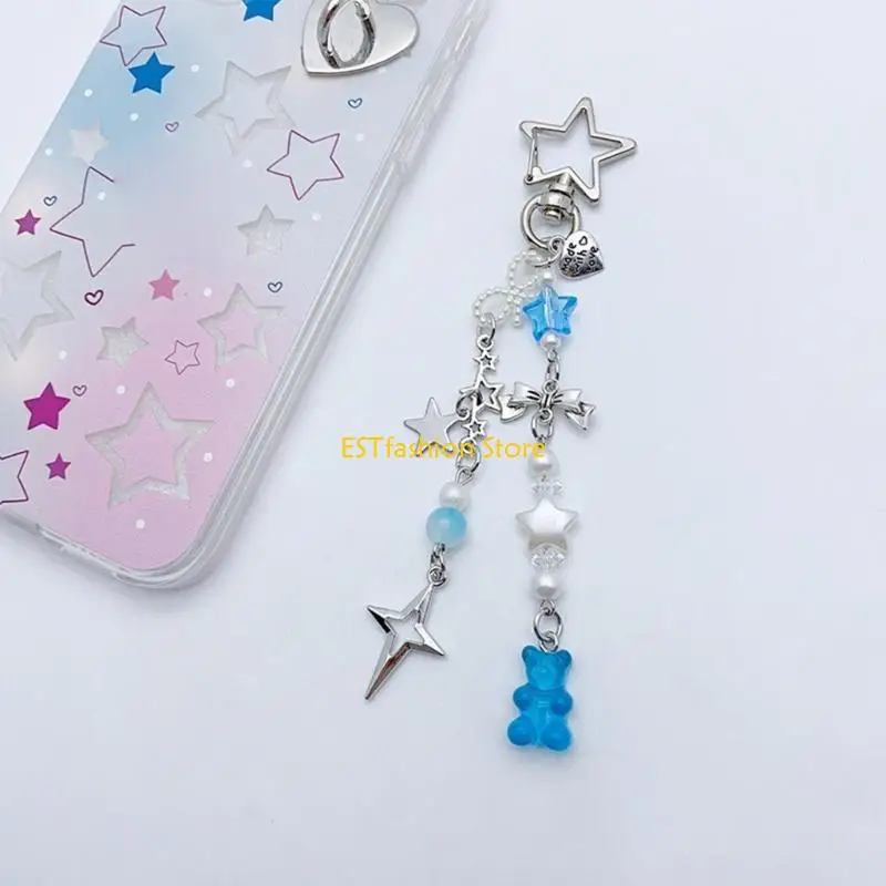 Y5GC Fashion Star Beaded Keychain Acrylic Bear Phone Charm Unique Bowknot Keyring