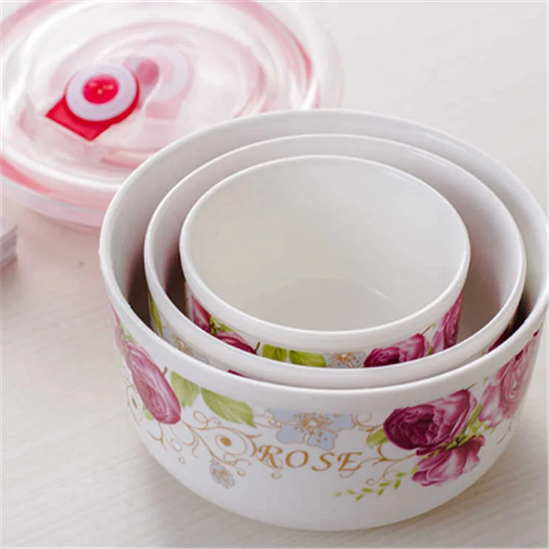 Ceramic Fresh Bowl Three-piece Set Lunch Box with Lid Microwave Lunch Box Refrigerator Storage Box Large Instant Noodle Bowl Set