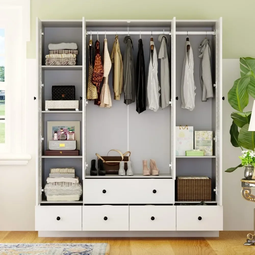 Large Wardrobe Armoire with Multi-Tier Shelves,5 Drawers,Hanging Rod & 4 Louver Doors, Wooden Closet Storage for Bedroom, White