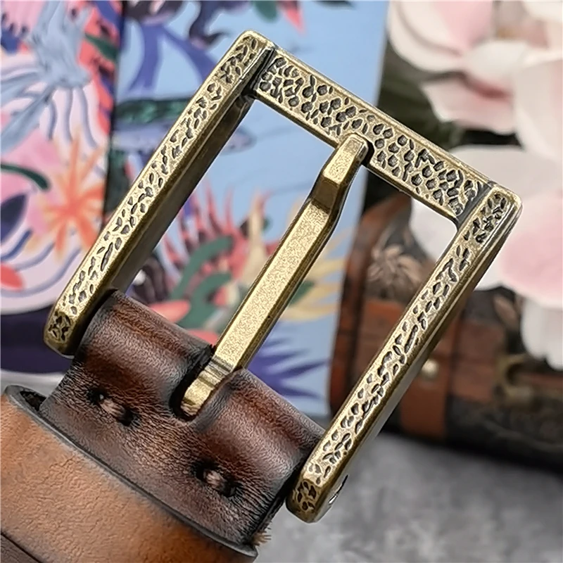 Retro Solid Brass Belt Buckle Luxury Super Thick Genuine Leather Belt For Men Ceinture Wide Vintage Waist Men's Belt MBT0118