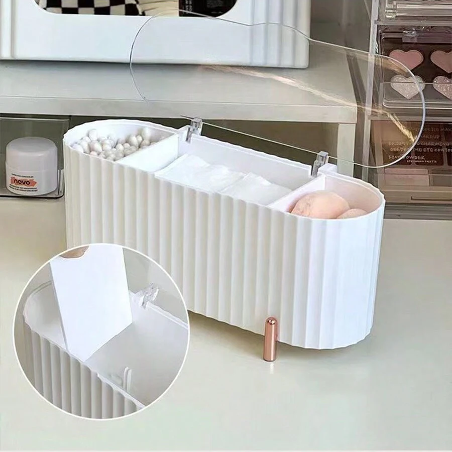 3 Grids Desktop Makeup Pad Organizer For Cleaning Stick Beauty Egg Multi-functional Beauty Tool Cosmetic Storage Box With Lid