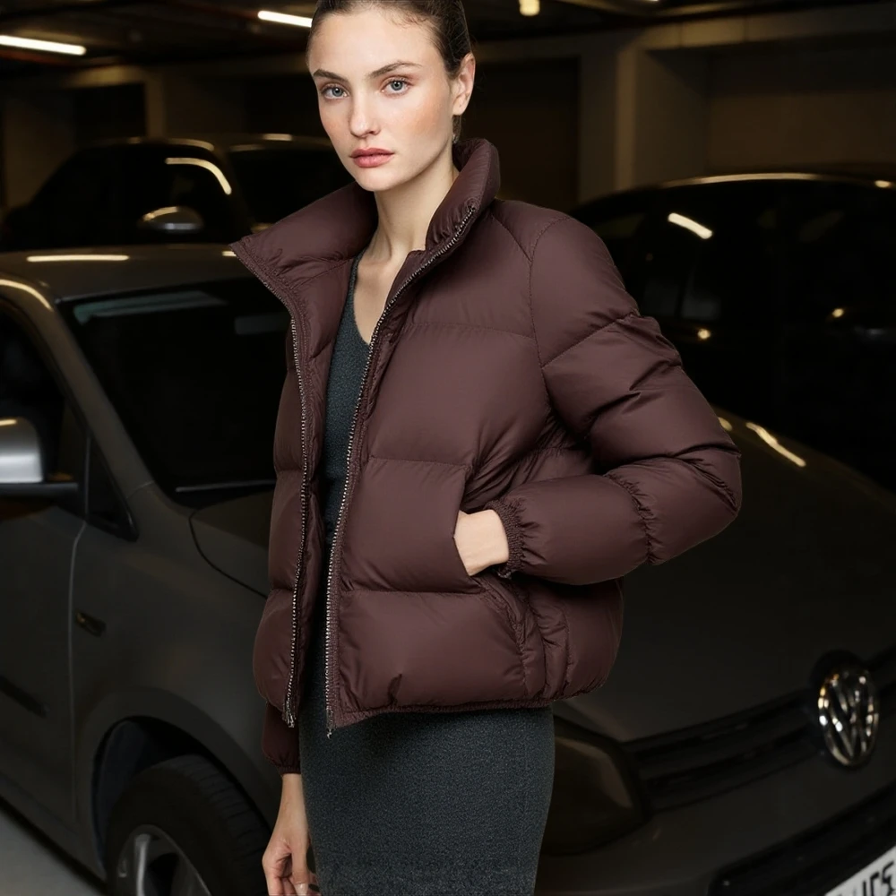 سترة نسائية منتفخة مقصوصة: قماش مبطن بياقة واقفة - ملابس يومية غير رسمية لعيد الميلاد، ملابس خارجية شتوية عالية الشارع مناسبة للشتاء