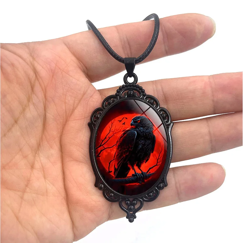 Halloween Gothic Raven Cross Glass Pendant Necklace Vintage Rope Chain Crow Choker Mystic Witch Jewelry Gift Accessories for Wom