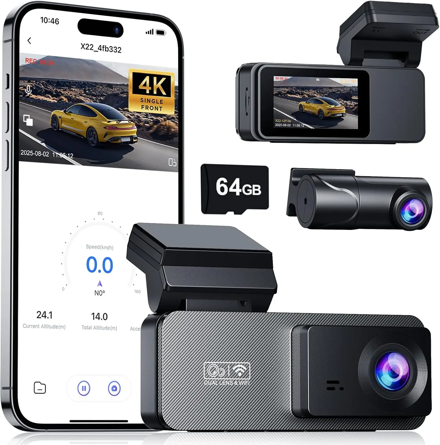 كاميرا داش خلفية 4K و3K+1080P، واي فاي، رؤية ليلية، وضع وقوف السيارات 24 ساعة، التحكم في التطبيق، بطاقة 64 جيجابايت مجانية